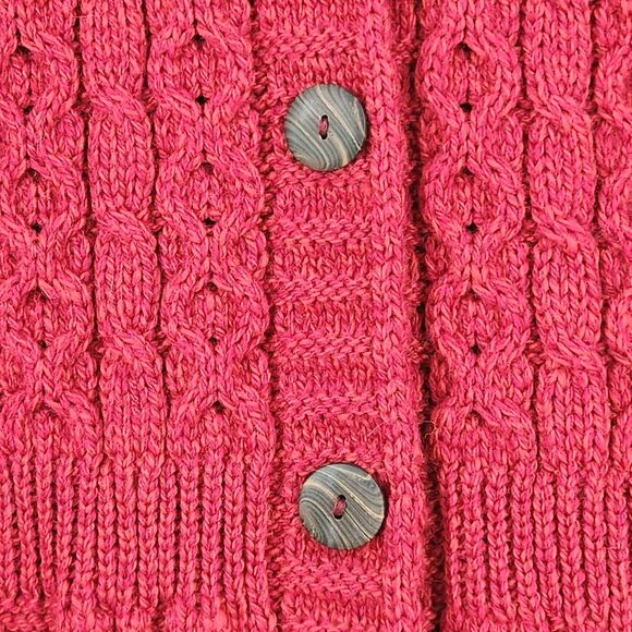 Aran Sweater Market Cardigan Cable Knit Womens XS Red Ireland Wool Fisherman - Picture 2 of 11